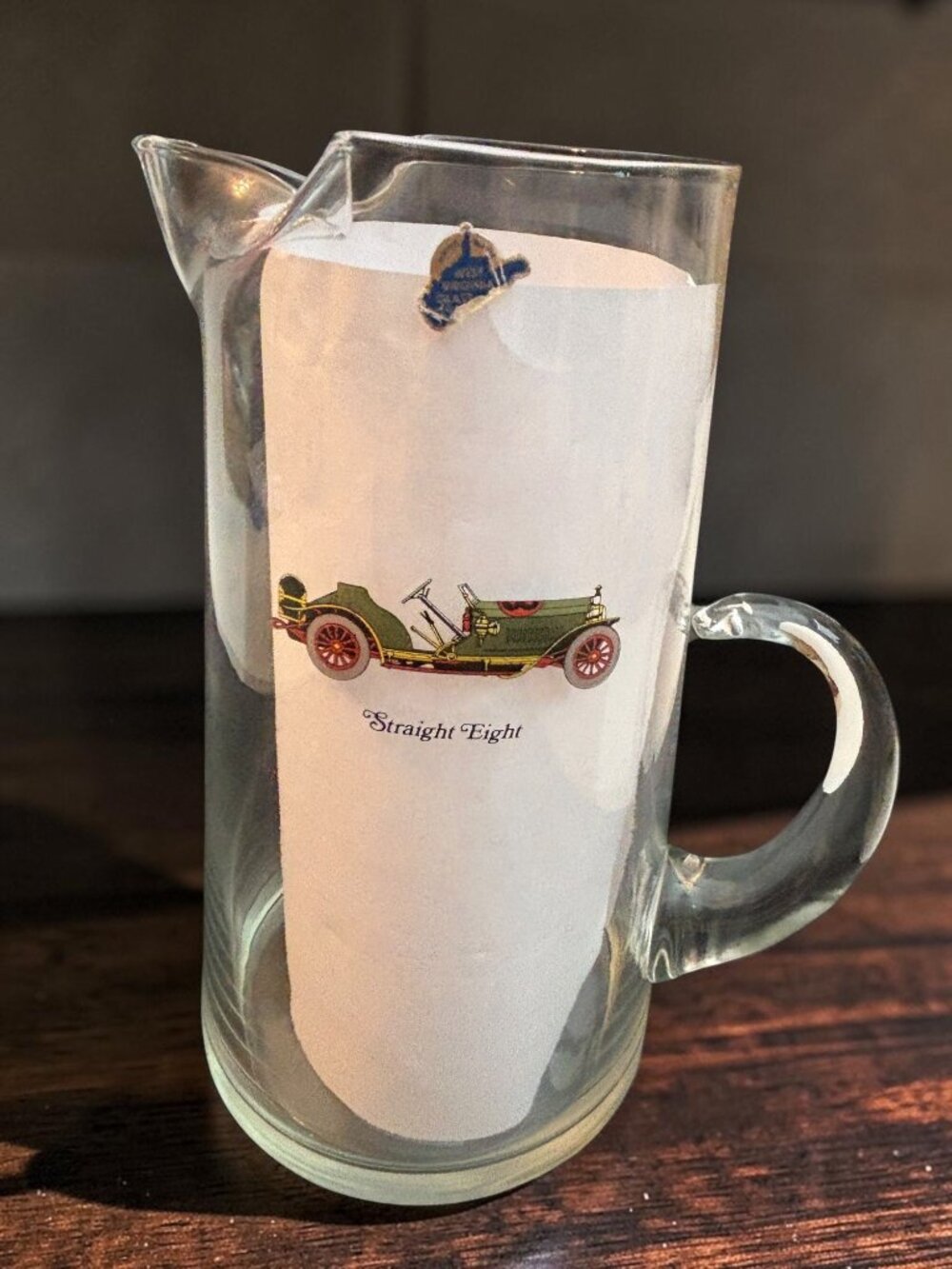 Vintage Glass Pitcher With Packard Roadster & Straight Eight Car Designs West Vi